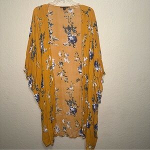 Moral Fiber Mustard Yellow Floral Print Kimono Cardigan 3X 100% Rayon Boho